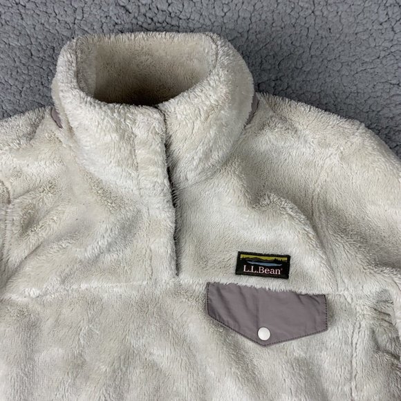 LL Bean Women’s Deep Pile Fleece Pullover Sweatshirt Jacket 1/4 T Snap Cream PS - Picture 2 of 12